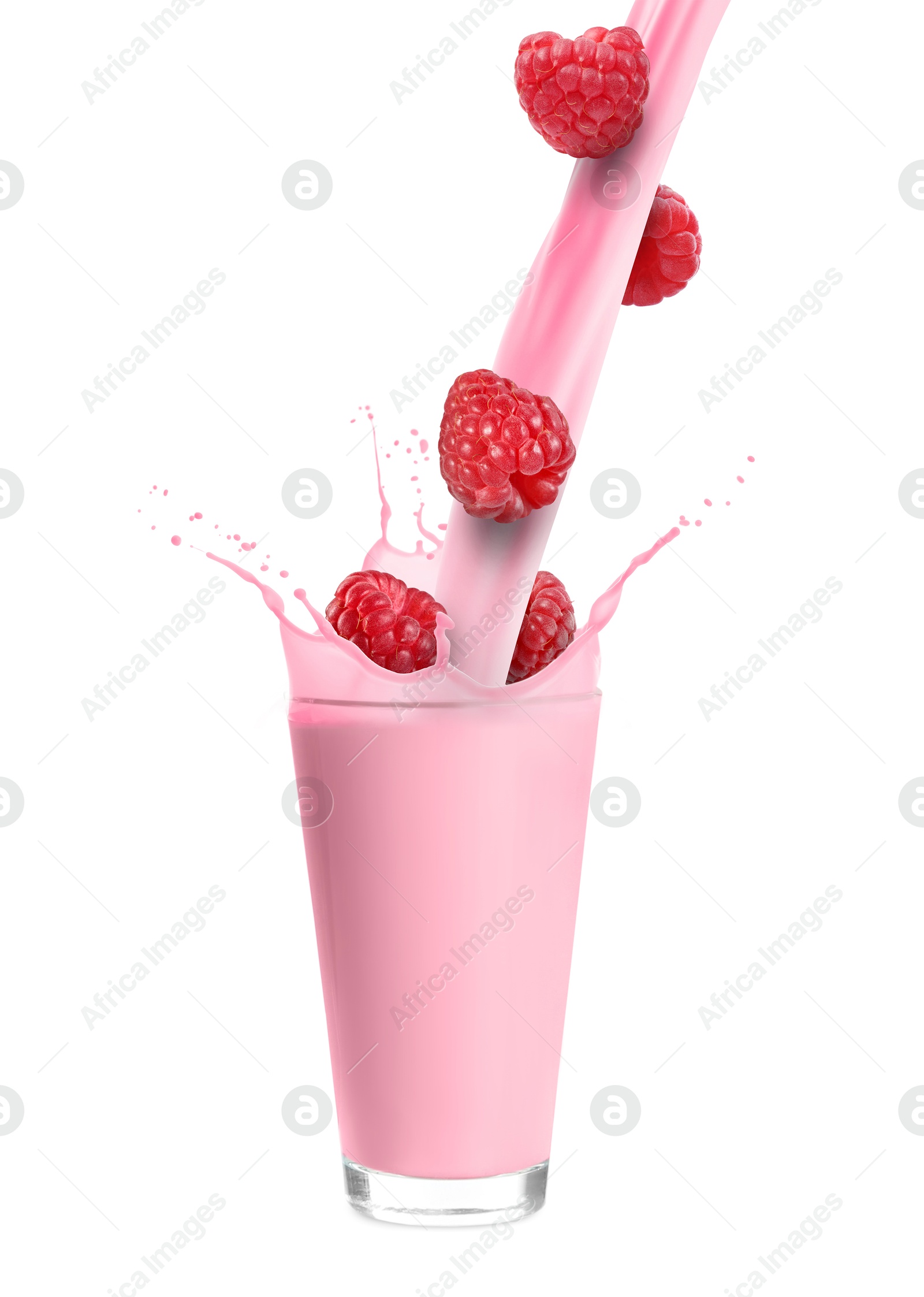 Image of Raspberry milkshake and fresh berries on white background