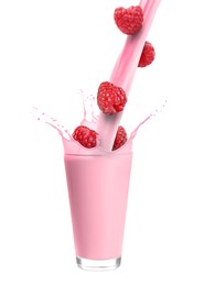 Image of Raspberry milkshake and fresh berries on white background