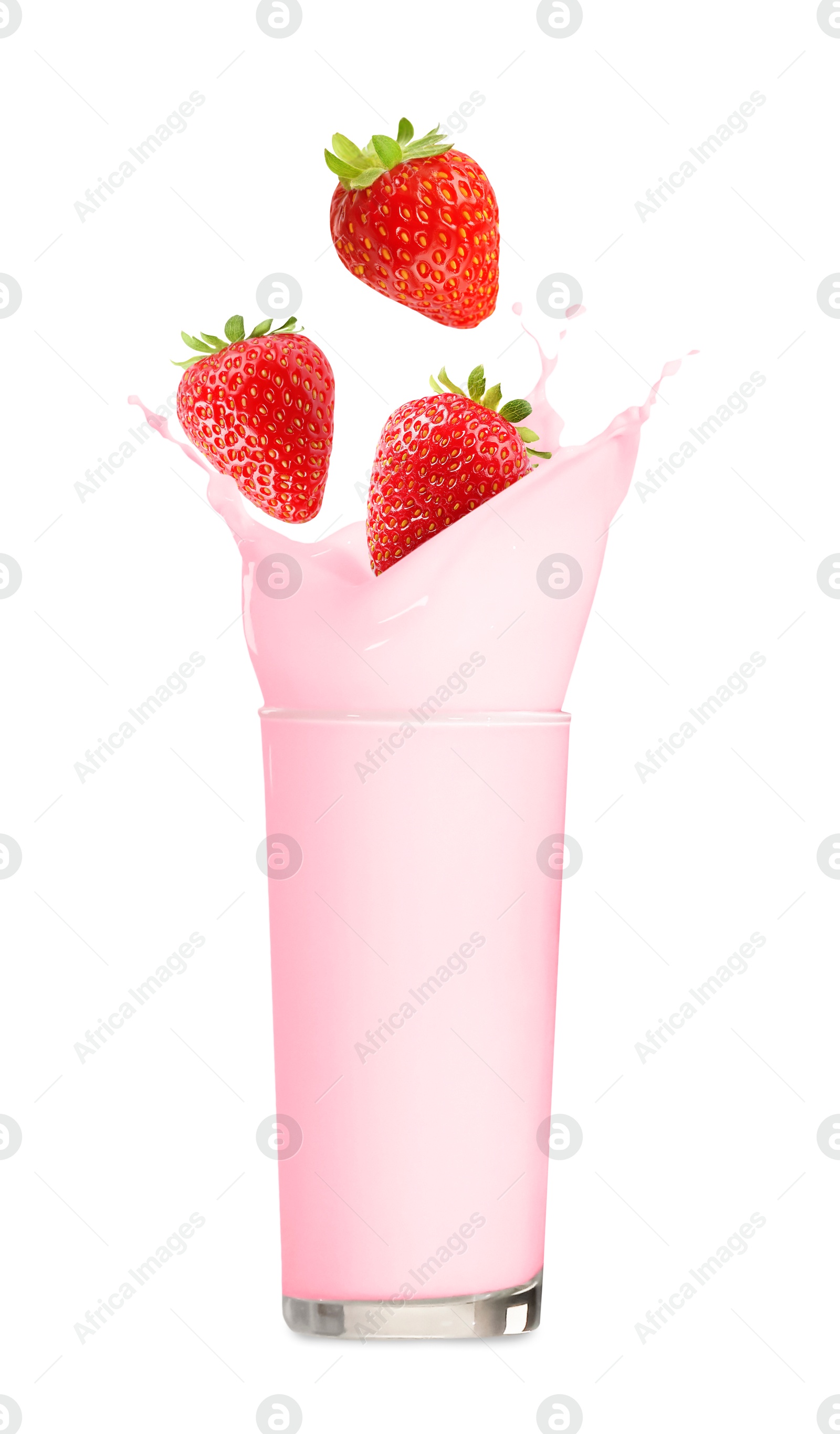 Image of Strawberry milkshake and fresh berries on white background