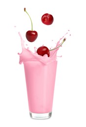 Image of Cherry milkshake and fresh berries on white background