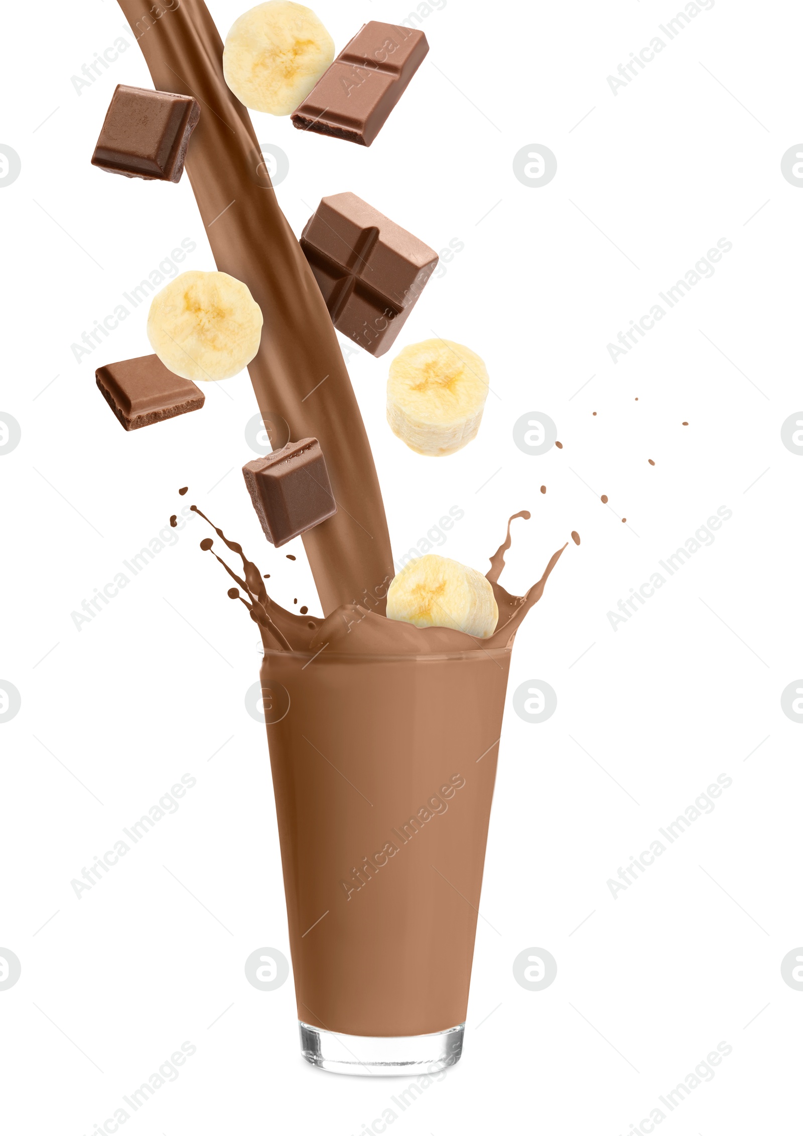 Image of Banana chocolate milkshake and pieces of fresh fruit on white background