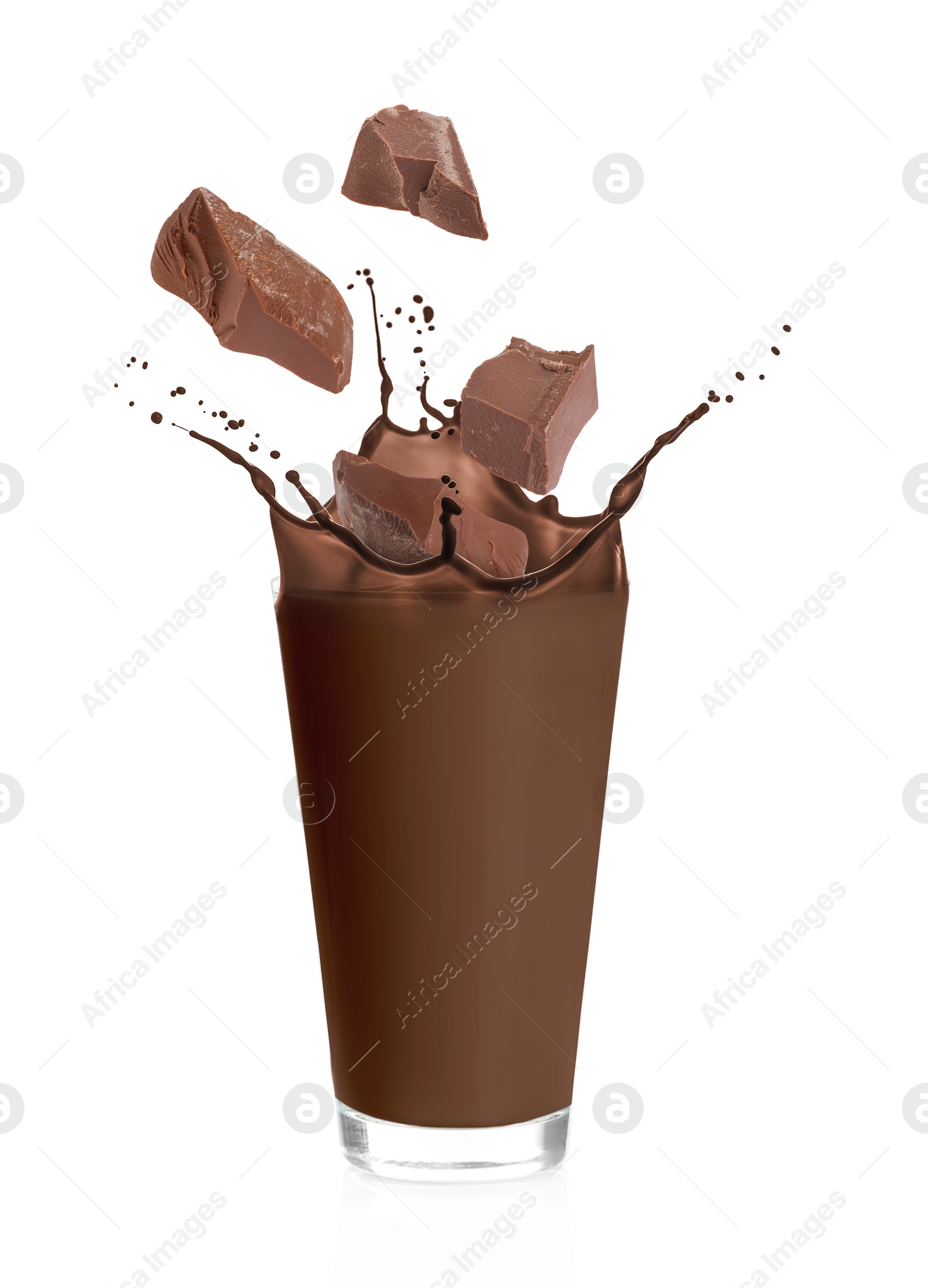 Image of Yummy milkshake and pieces of chocolate on white background