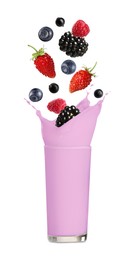 Image of Tasty milkshake and fresh berries on white background