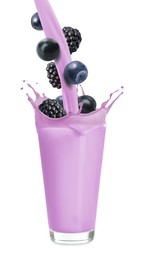 Image of Tasty milkshake and fresh berries on white background