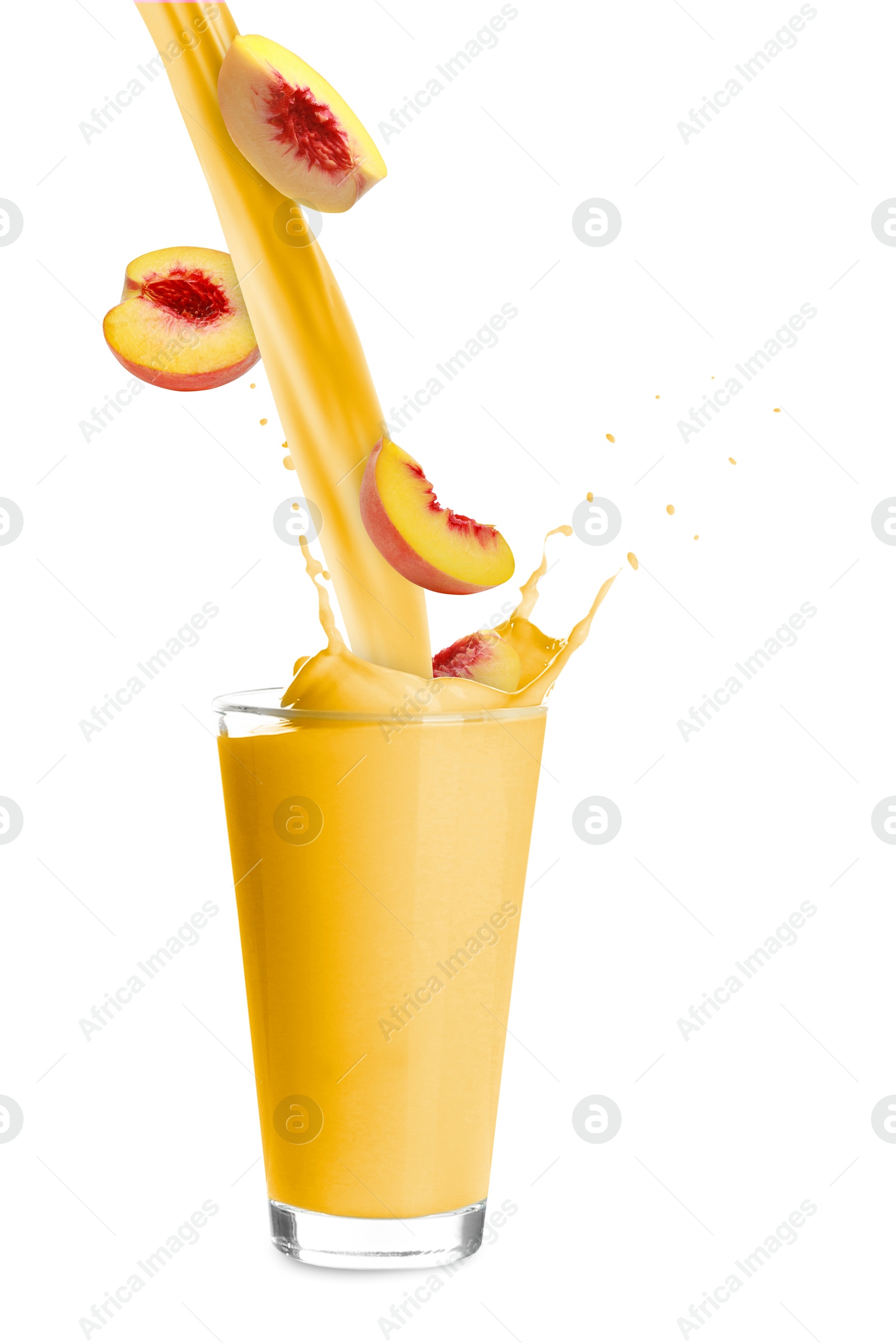 Image of Peach milkshake and fresh fruits on white background