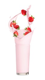 Strawberry milkshake and fresh berries on white background