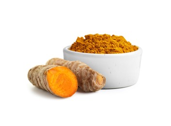 Image of Turmeric powder in bowl and fresh root isolated on white