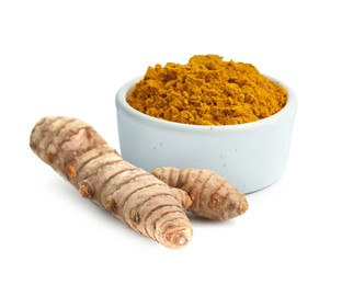 Image of Turmeric powder in bowl and fresh root isolated on white