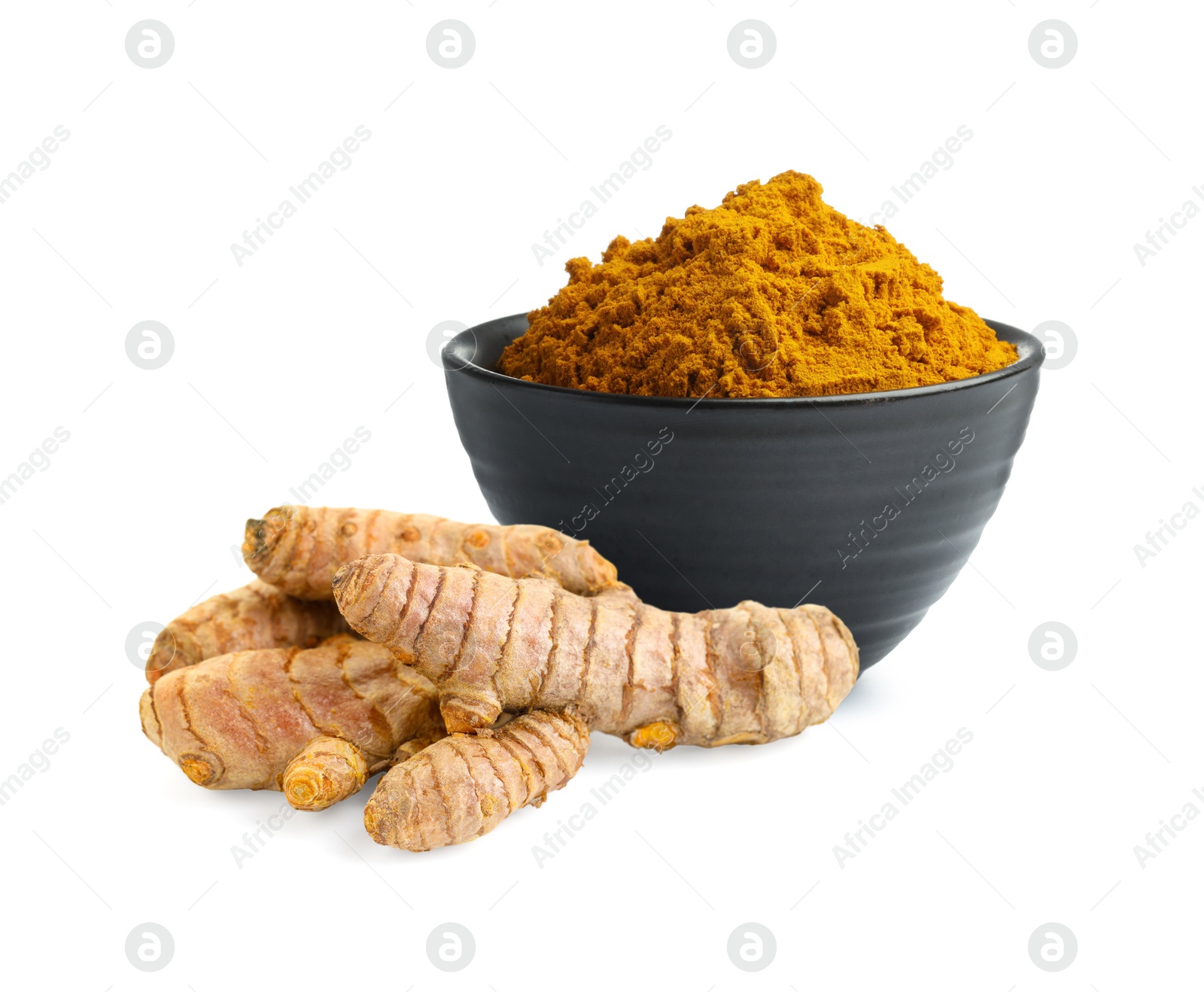 Image of Turmeric powder in bowl and fresh root isolated on white