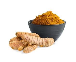 Image of Turmeric powder in bowl and fresh root isolated on white