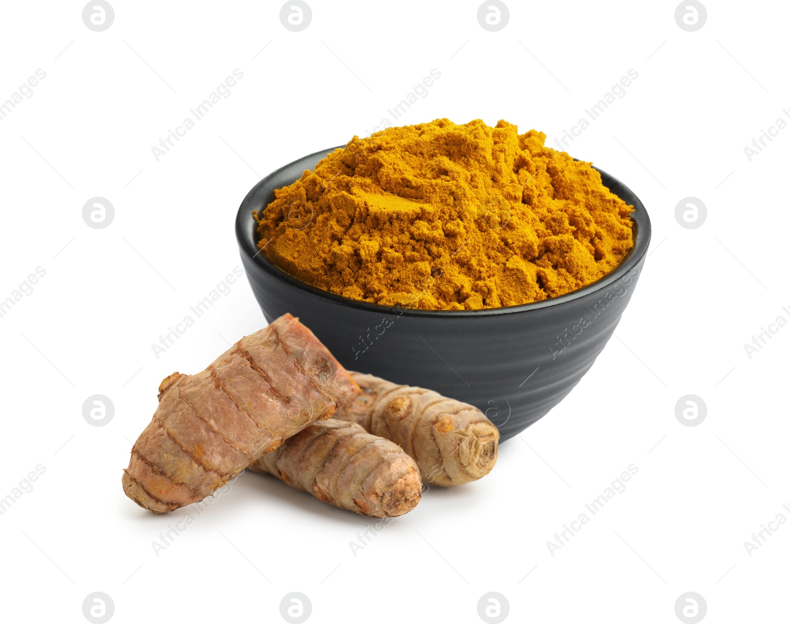 Image of Turmeric powder in bowl and fresh root isolated on white