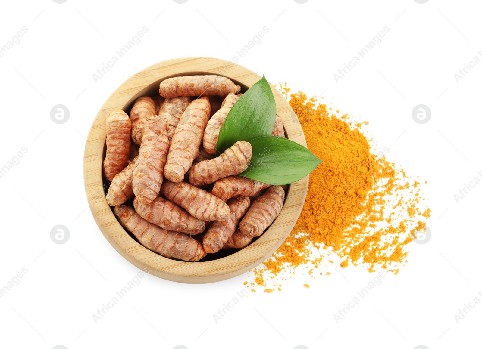 Image of Turmeric powder and fresh root isolated on white, top view