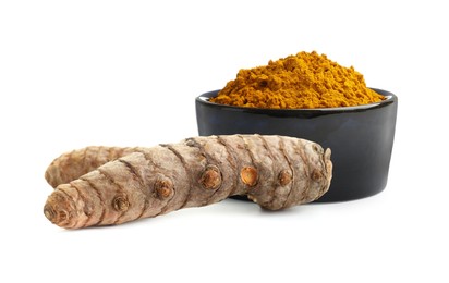 Image of Turmeric powder in bowl and fresh root isolated on white