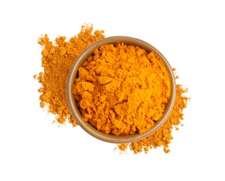 Image of Turmeric powder isolated on white, top view. Aromatic spice