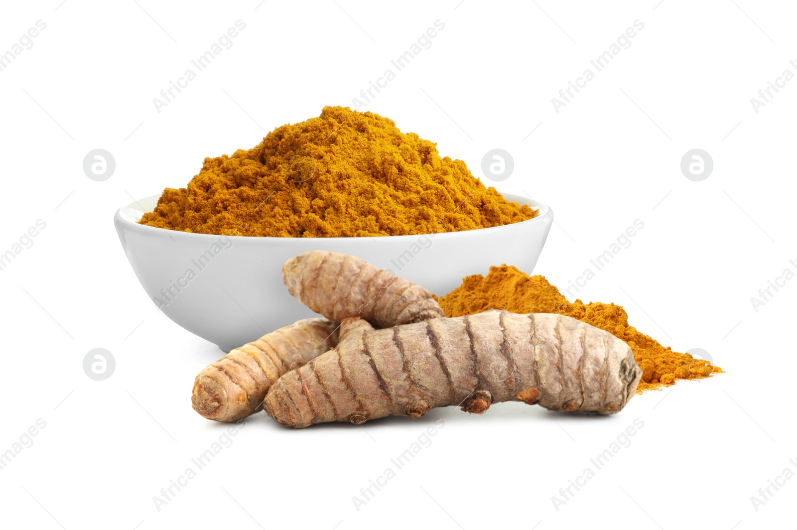 Image of Turmeric powder in bowl and fresh root isolated on white