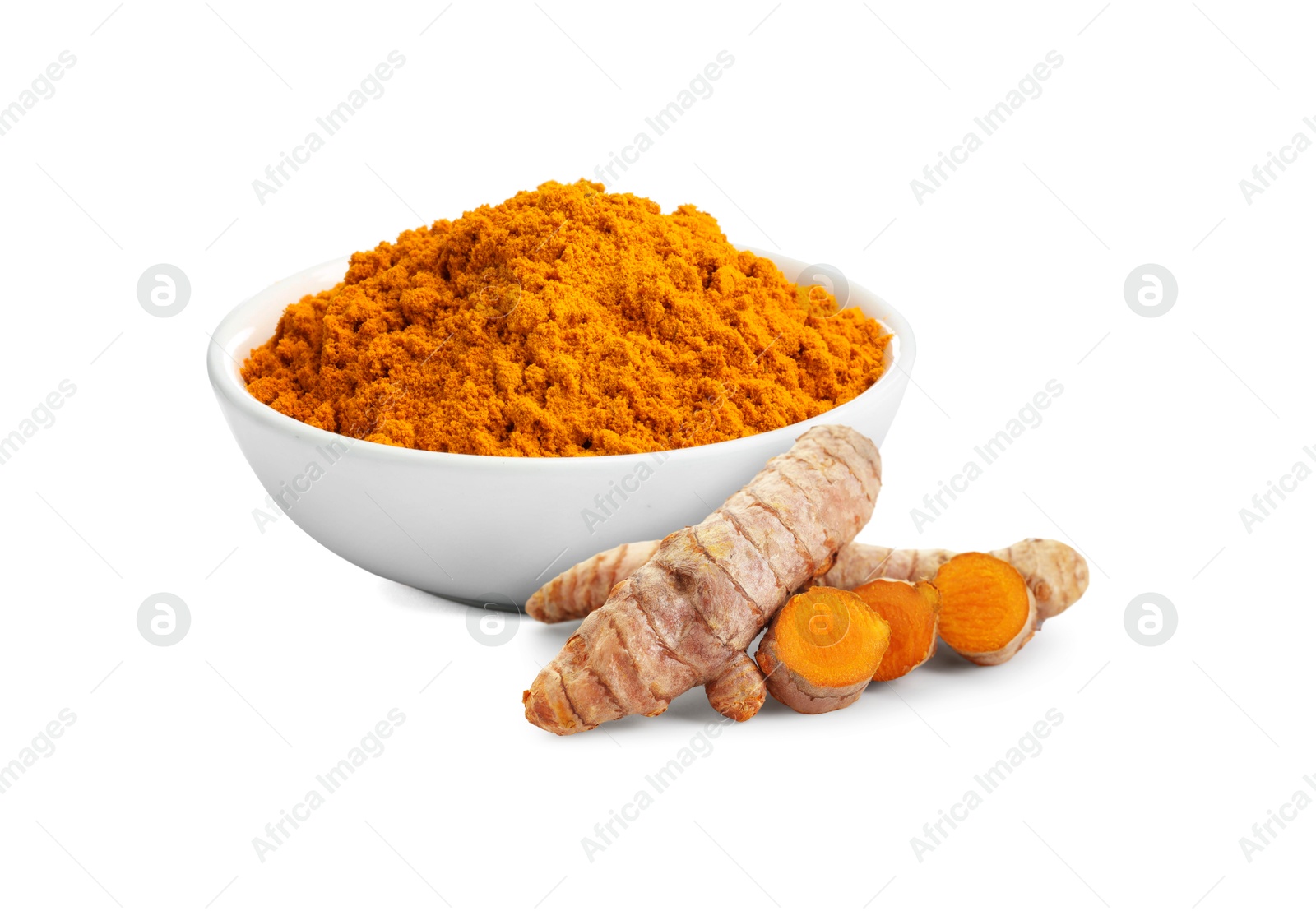 Image of Turmeric powder in bowl and fresh root isolated on white