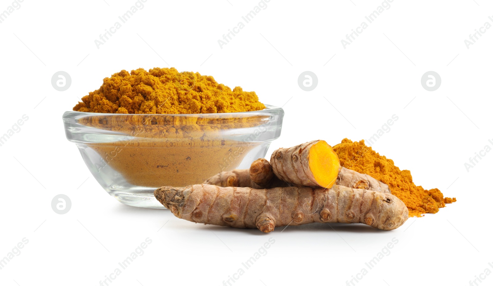 Image of Turmeric powder in bowl and fresh root isolated on white