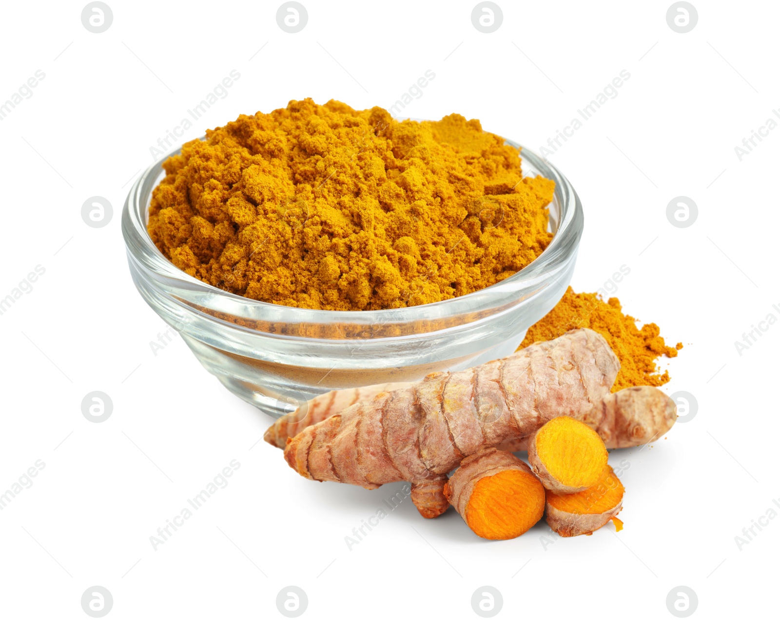 Image of Turmeric powder in bowl and fresh root isolated on white