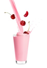 Image of Cherry milkshake and fresh berries on white background