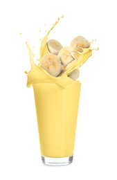 Image of Banana milkshake and pieces of fresh fruit on white background