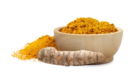 Image of Turmeric powder in bowl and fresh root isolated on white