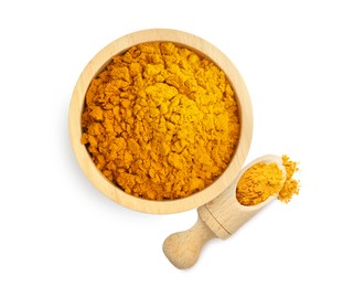 Image of Turmeric powder isolated on white, top view. Aromatic spice