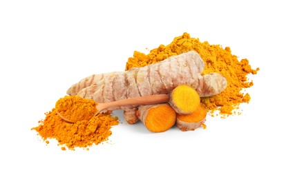 Image of Turmeric powder and fresh root isolated on white