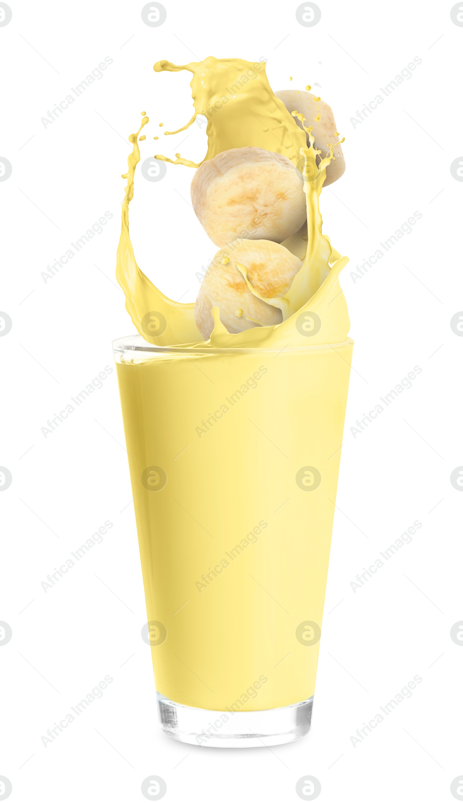 Image of Banana milkshake and pieces of fresh fruit on white background