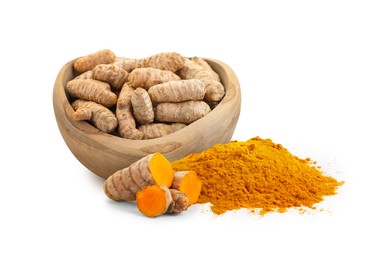 Image of Turmeric powder and fresh root isolated on white