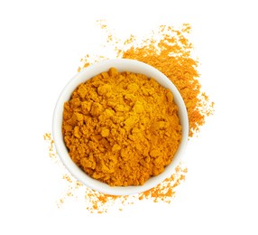 Image of Turmeric powder isolated on white, top view. Aromatic spice