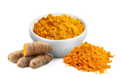 Image of Turmeric powder and fresh root isolated on white