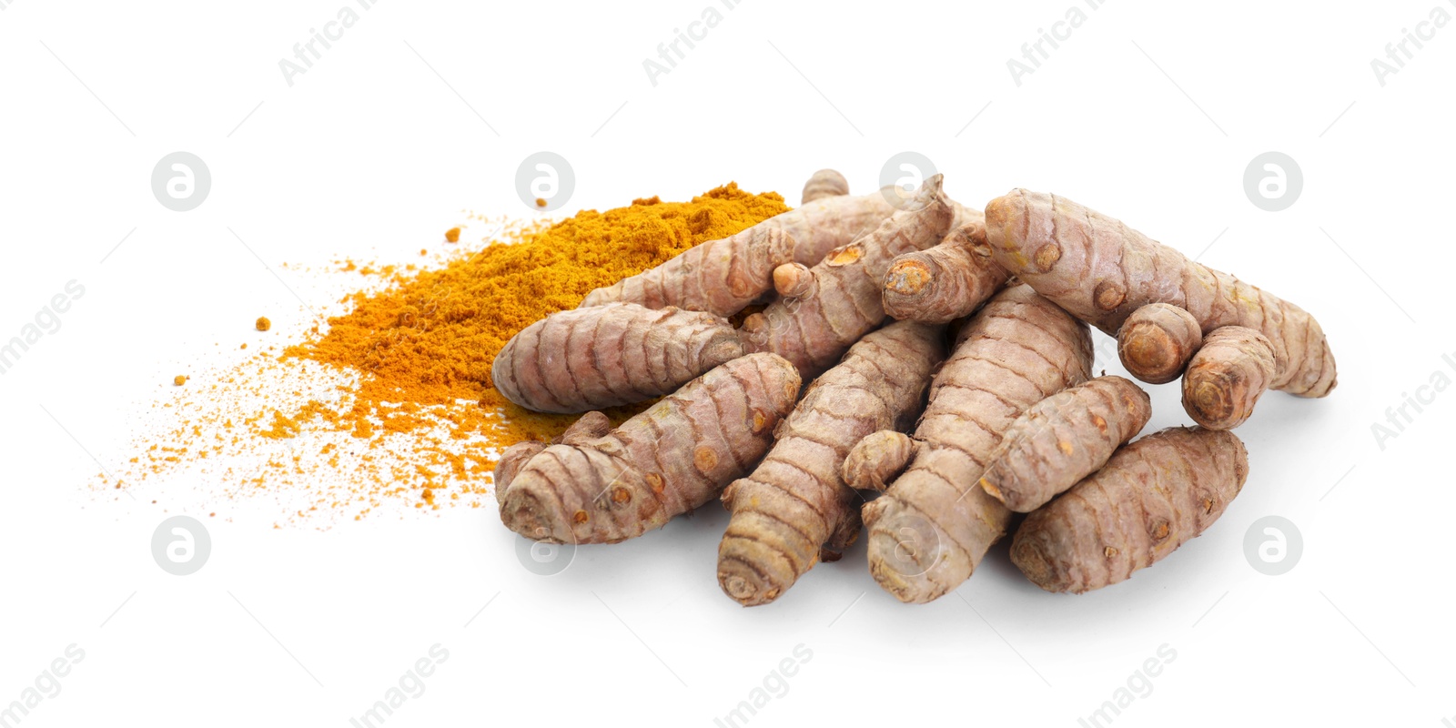 Image of Turmeric powder and fresh root isolated on white