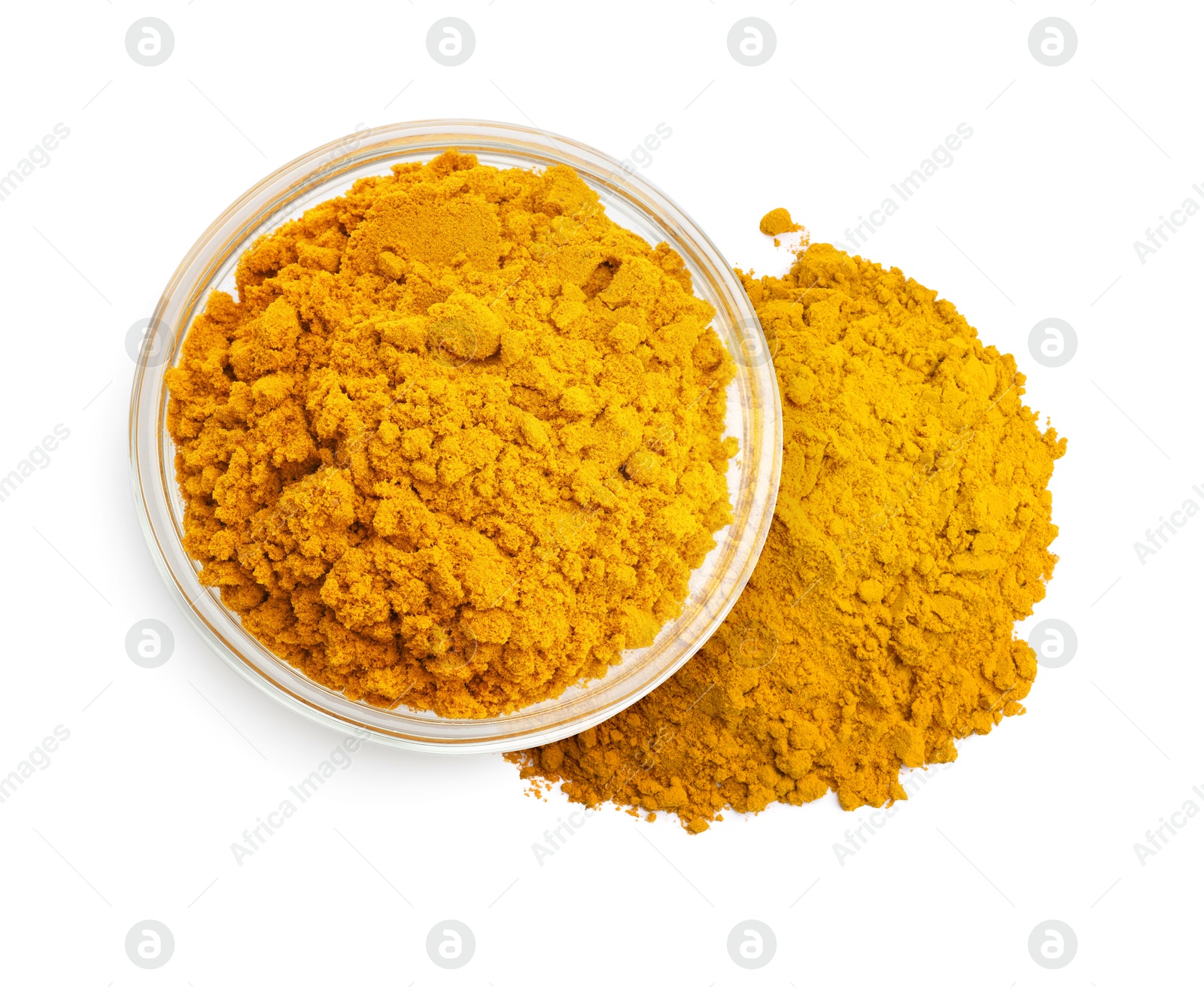 Image of Turmeric powder isolated on white, top view. Aromatic spice