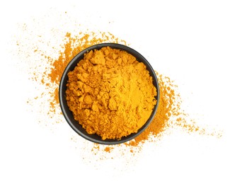 Image of Turmeric powder isolated on white, top view. Aromatic spice