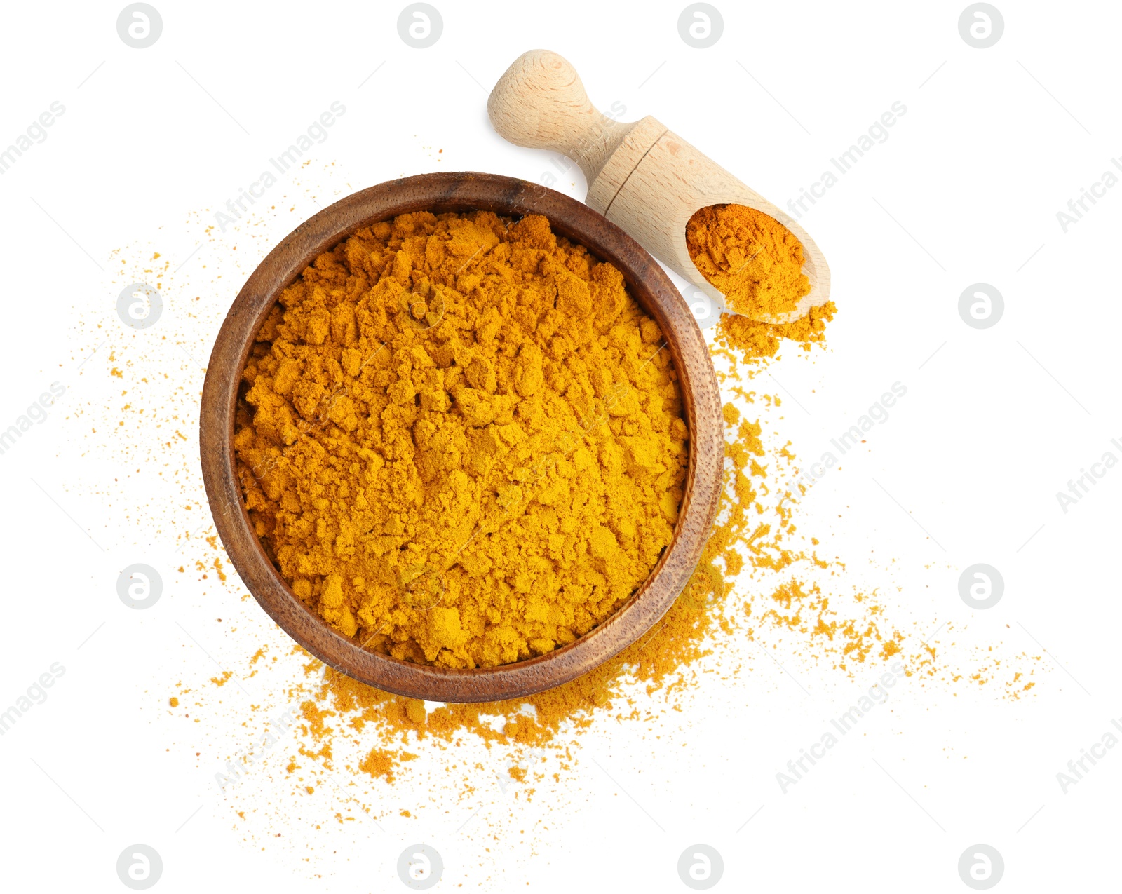 Image of Turmeric powder isolated on white, top view. Aromatic spice