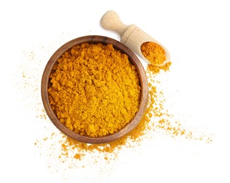 Image of Turmeric powder isolated on white, top view. Aromatic spice