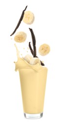 Image of Banana vanilla milkshake, pods and pieces of fresh fruit on white background