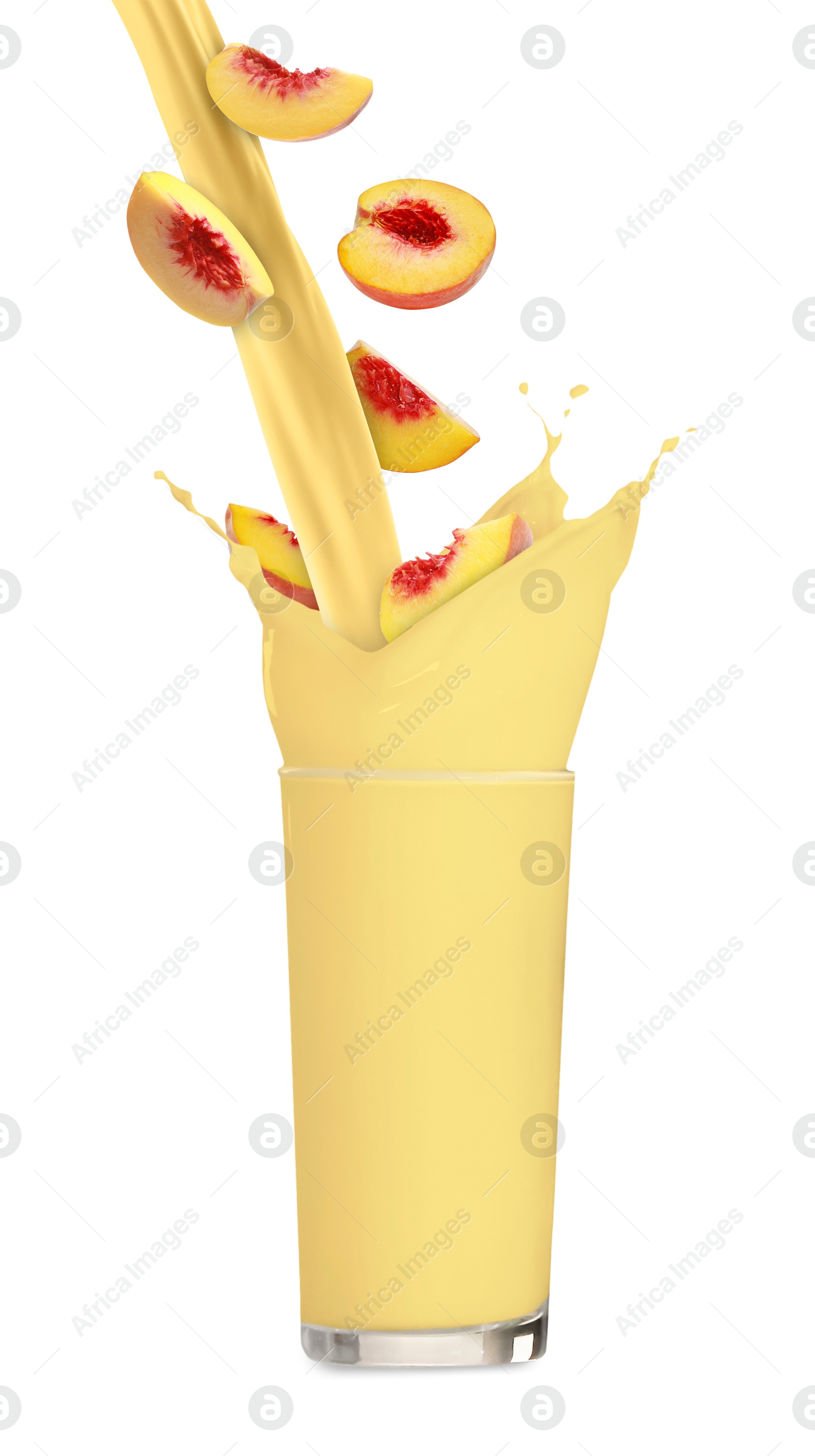 Image of Peach milkshake and fresh fruits on white background