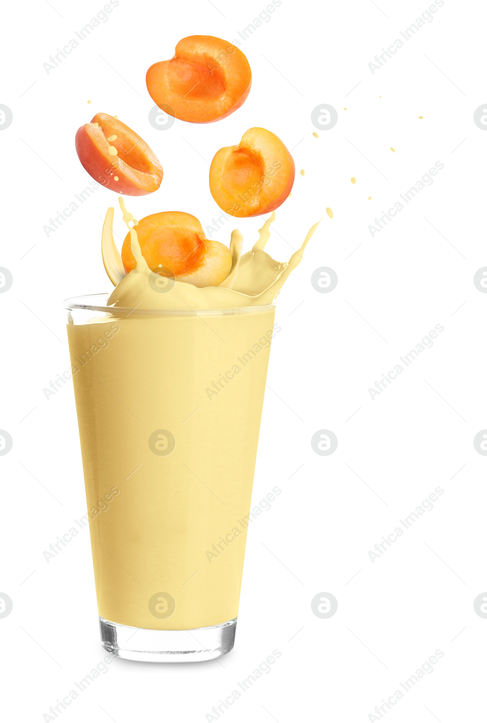 Image of Apricot milkshake and fresh fruits on white background