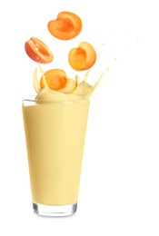 Image of Apricot milkshake and fresh fruits on white background