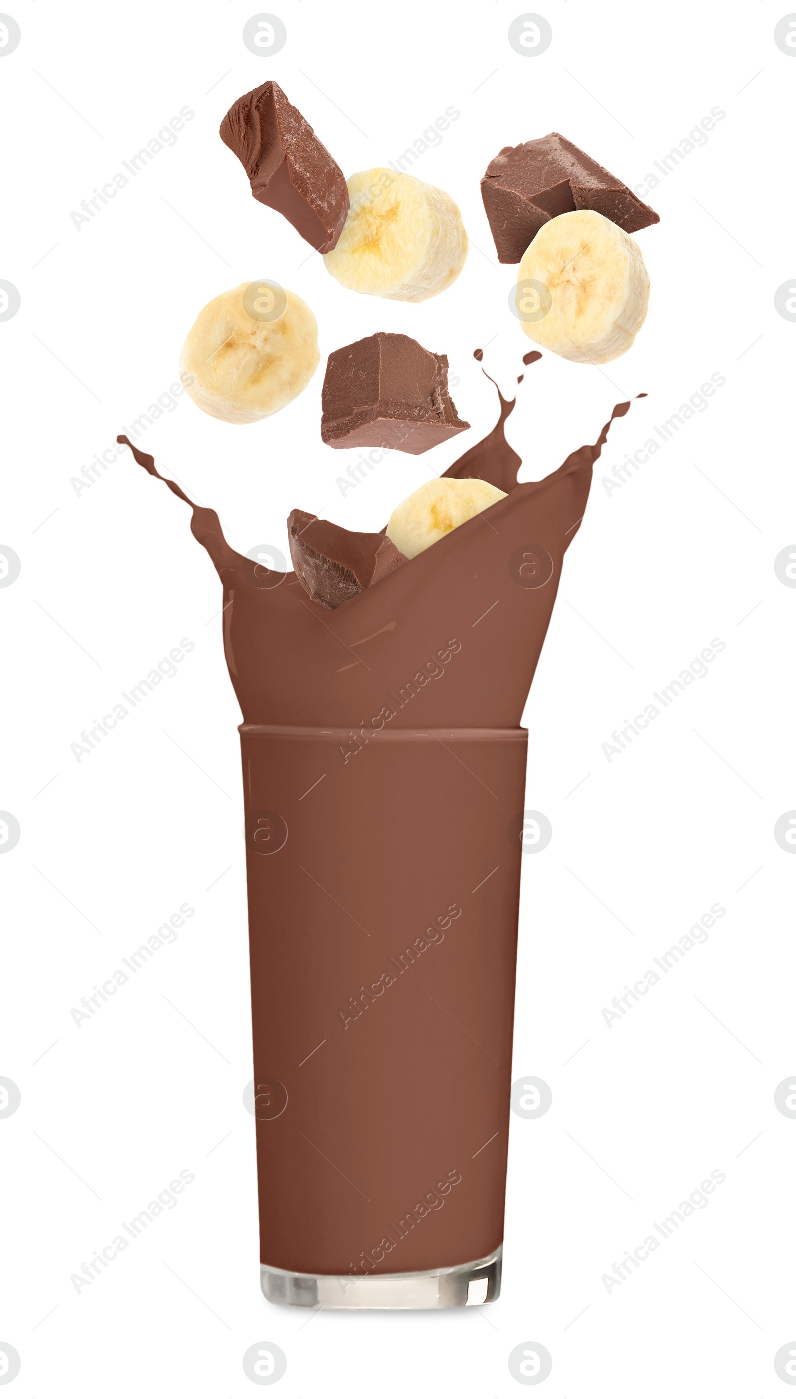 Image of Banana chocolate milkshake and pieces of fresh fruit on white background