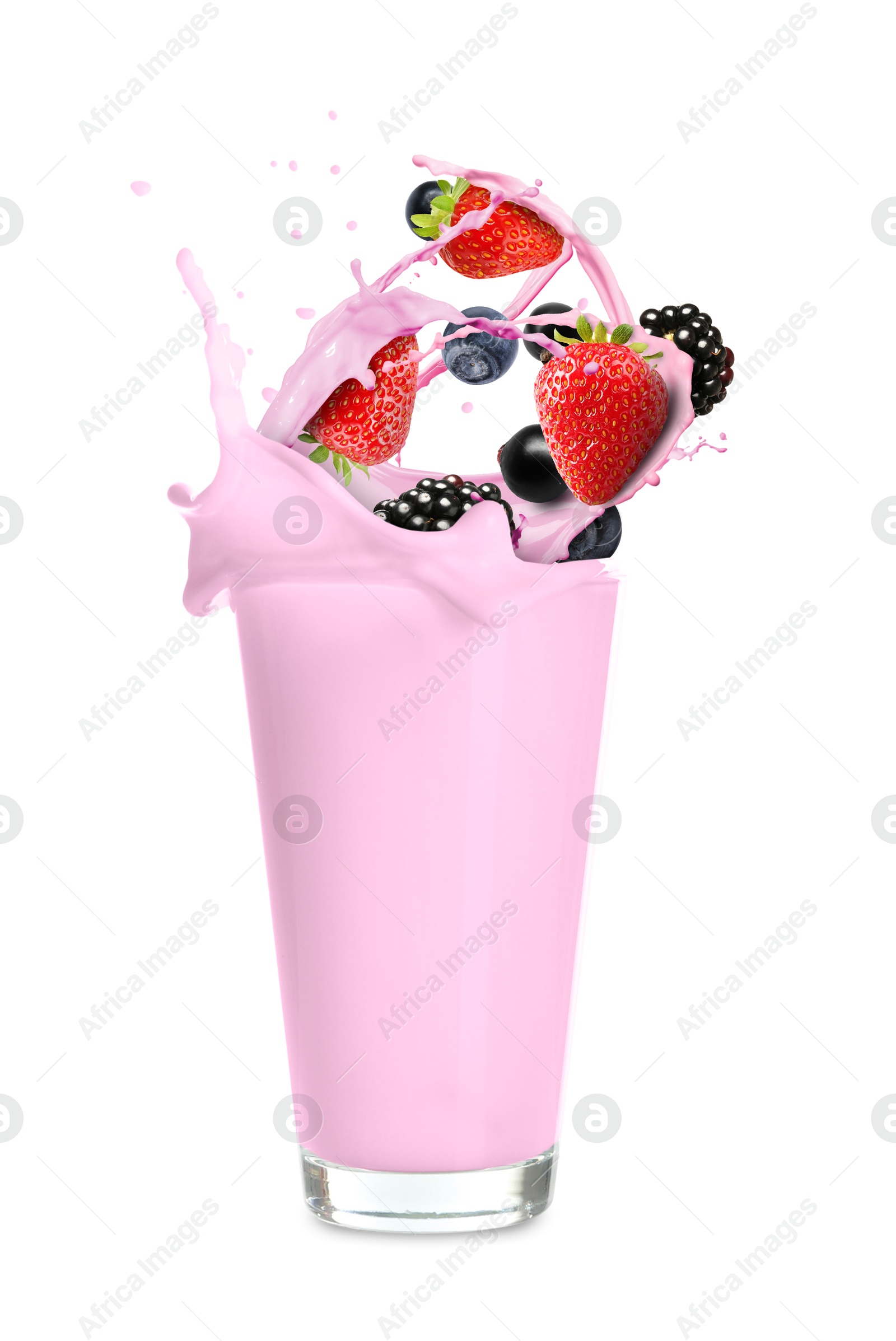 Image of Tasty milkshake and fresh berries on white background