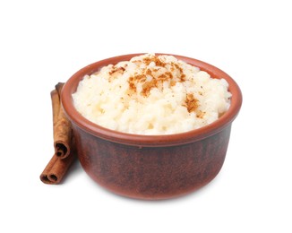 Photo of Tasty rice pudding with cinnamon isolated on white