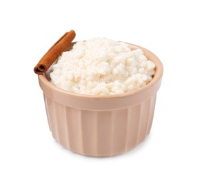 Photo of Tasty rice pudding with cinnamon isolated on white