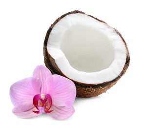 Image of Coconut and pink orchid flower isolated on white