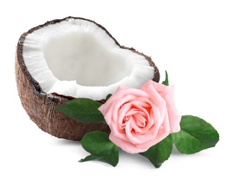 Image of Coconut and pink rose flower with green leaves isolated on white