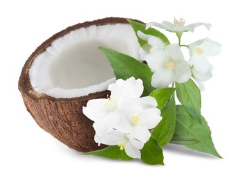 Image of Coconut and jasmine flowers with green leaves isolated on white