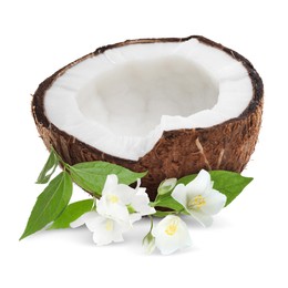 Image of Coconut and jasmine flowers with green leaves isolated on white