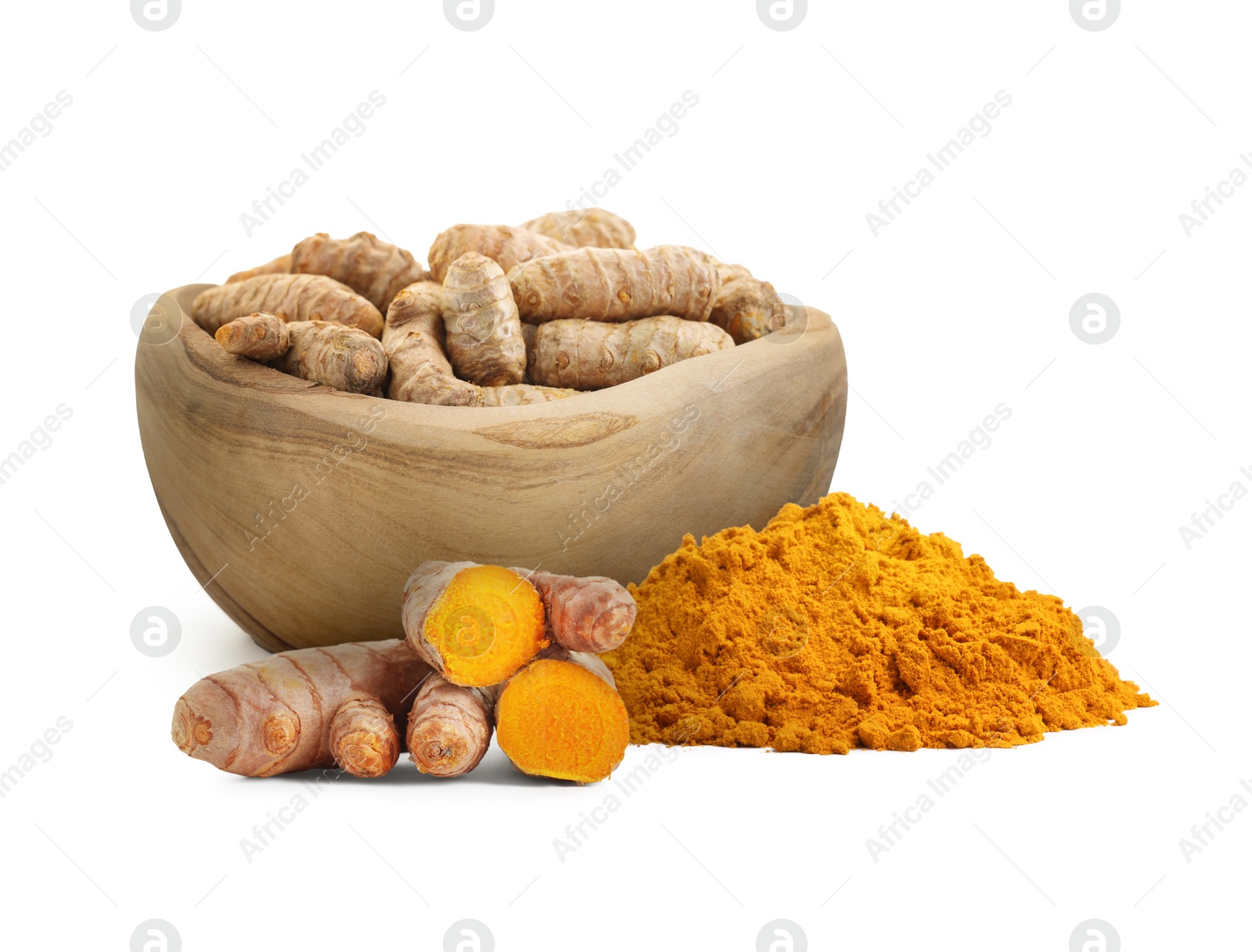 Image of Turmeric powder and fresh root isolated on white