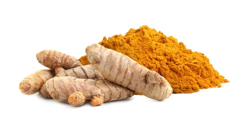 Image of Turmeric powder and fresh root isolated on white